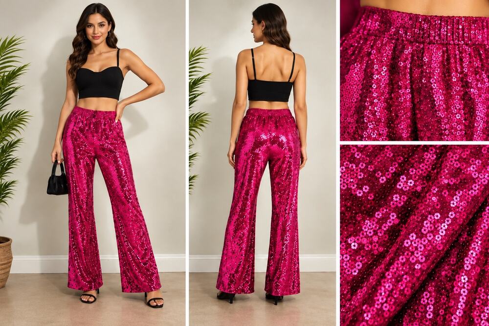 Rachel Zoe Hot Pink Sequin Flare Pants Medium Glam Party Festival